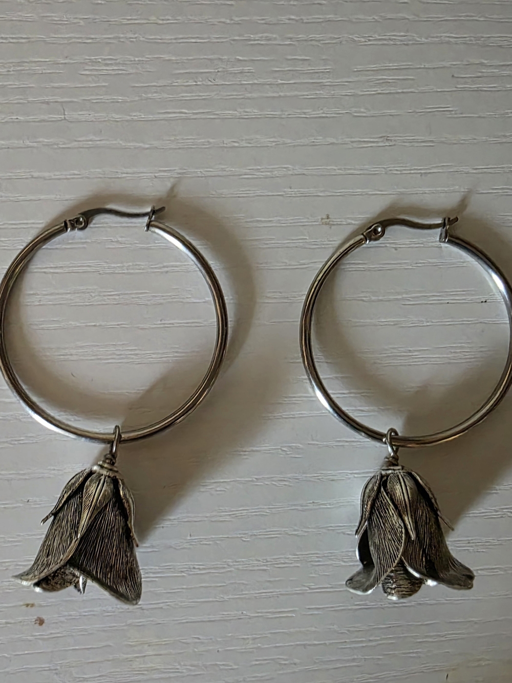 Regal Rose "A Single Rose" Silver Hoop Earrings with Single Rose Flower Charms